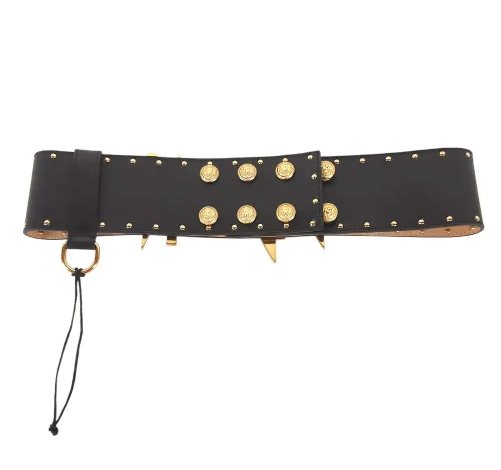 Balmain Statement Logo Lion Head Stud Leather Belt US S FR 36  Womens Black Gold